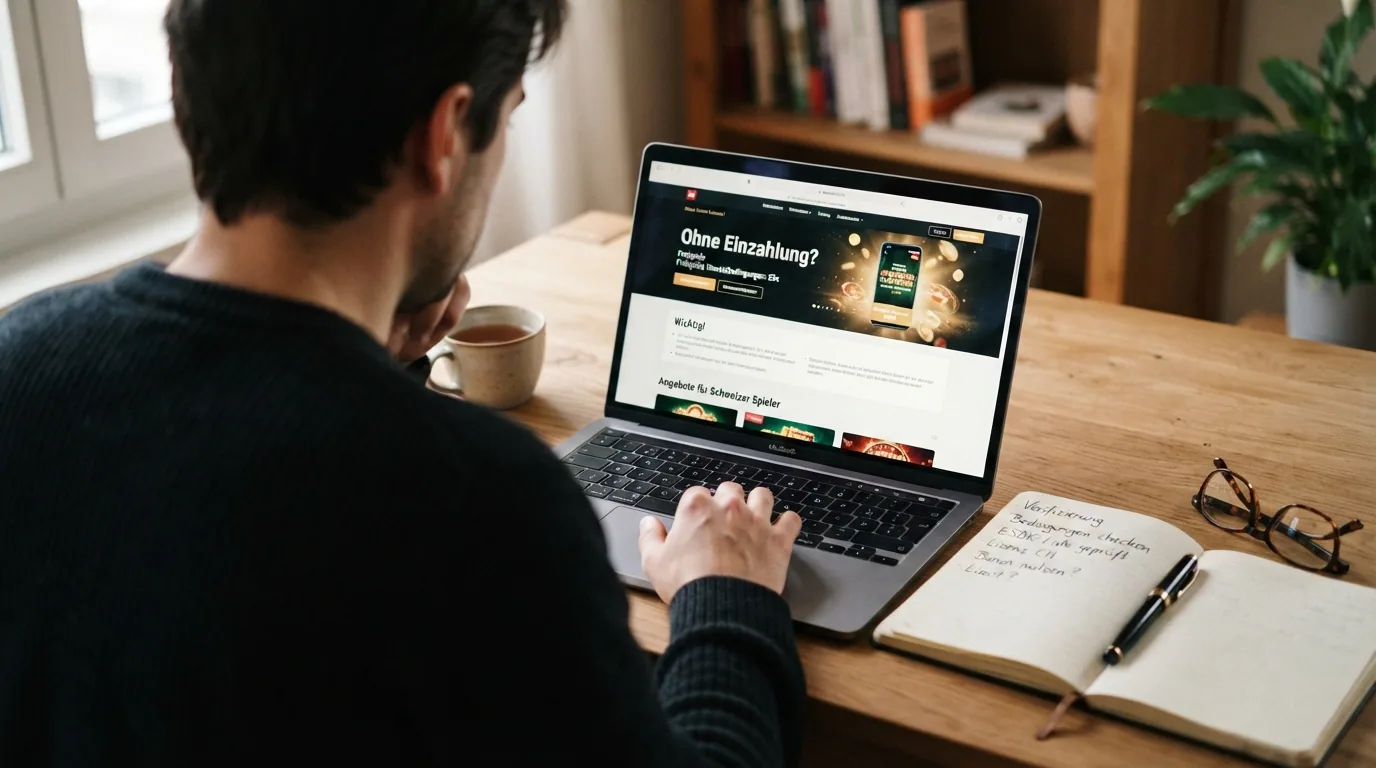 Ein Spieler sitzt nachdenklich vor dem Laptop, auf dem Bildschirm die Frage «Ohne Einzahlung?» — daneben ein aufgeschlagenes Notizbuch mit drei Stichworten: Verifizierung, Bedingungen, ESBK-Liste.