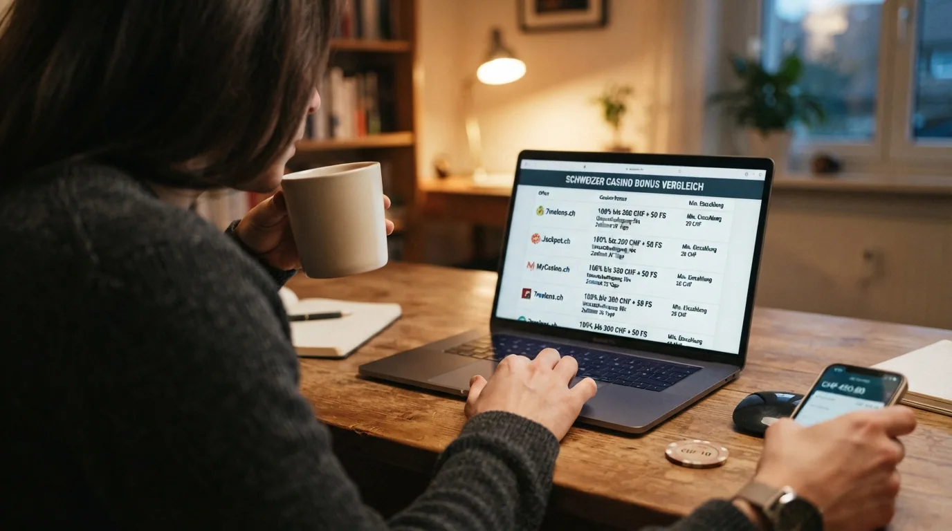 Ein Spieler sitzt nachdenklich vor dem Laptop, einen Becher Kaffee daneben, auf dem Bildschirm ein Vergleich von Bonusbedingungen