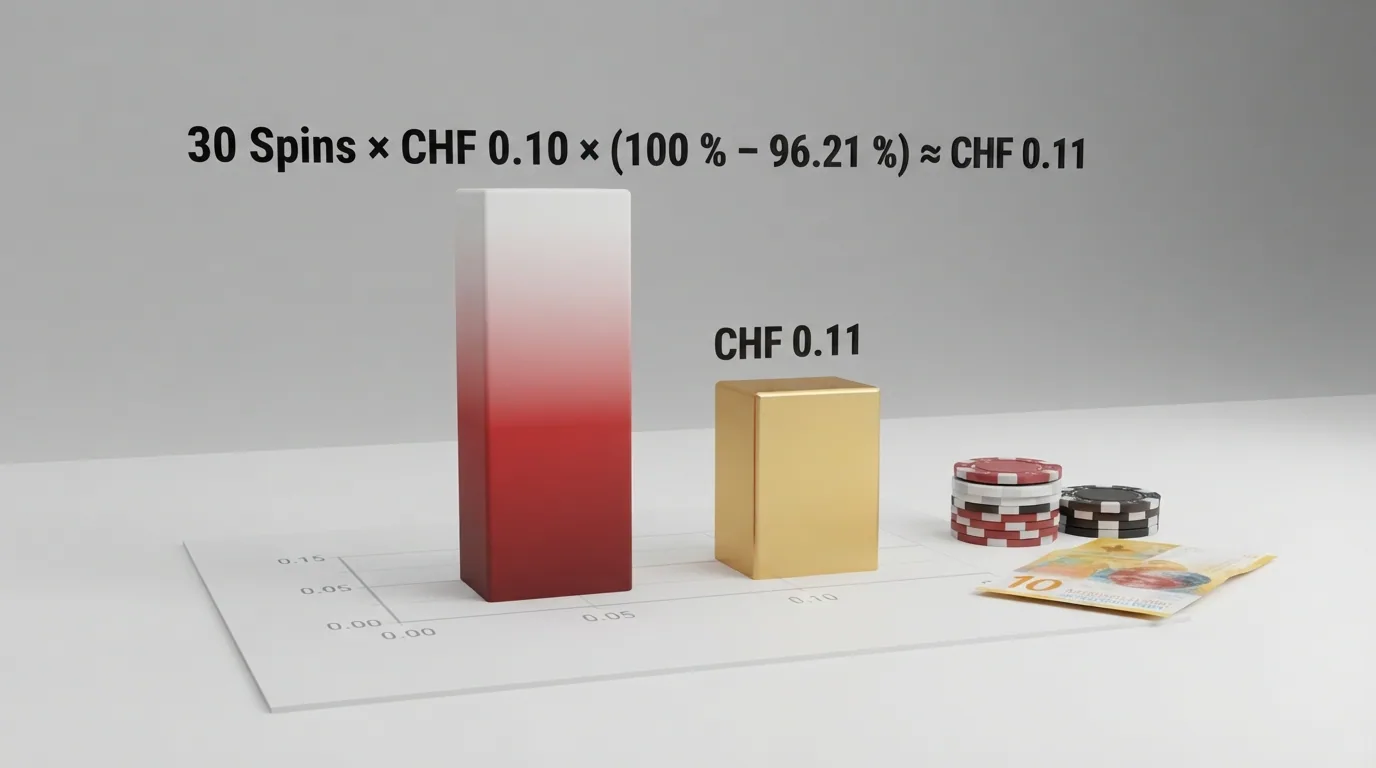 Eine einfache Rechengrafik: 30 Spins × CHF 0,10 × (100 % − 96,21 %) ≈ CHF 0,11, daneben ein Stapel Schweizer Franken mit einem kleinen markierten Betrag