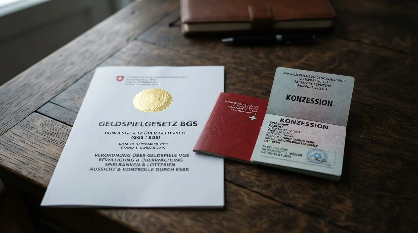 Amtlich wirkendes Dokument mit dem ESBK-Logo und dem Schriftzug «Geldspielgesetz BGS» neben einem Schweizer Pass, der das Wort «Konzession» zeigt.