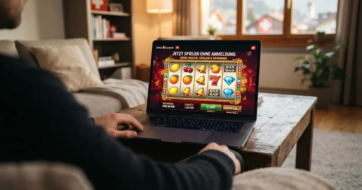 Eine Auswahl bunter Spielautomaten-Walzen auf einem Bildschirm mit der Aufschrift «Demo-Modus», daneben eine Computermaus – kein Login-Fenster sichtbar