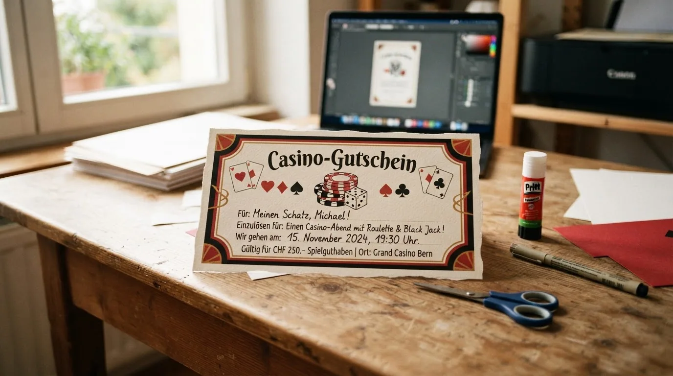 Eine Bastelvorlage für einen Casino-Gutschein mit Spielkarten-Motiven, Schere und Klebstoff daneben