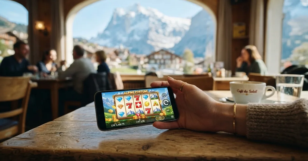 Smartphone mit geöffnetem Casino-Spiel in der Hand, Schweizer Umgebung im Hintergrund