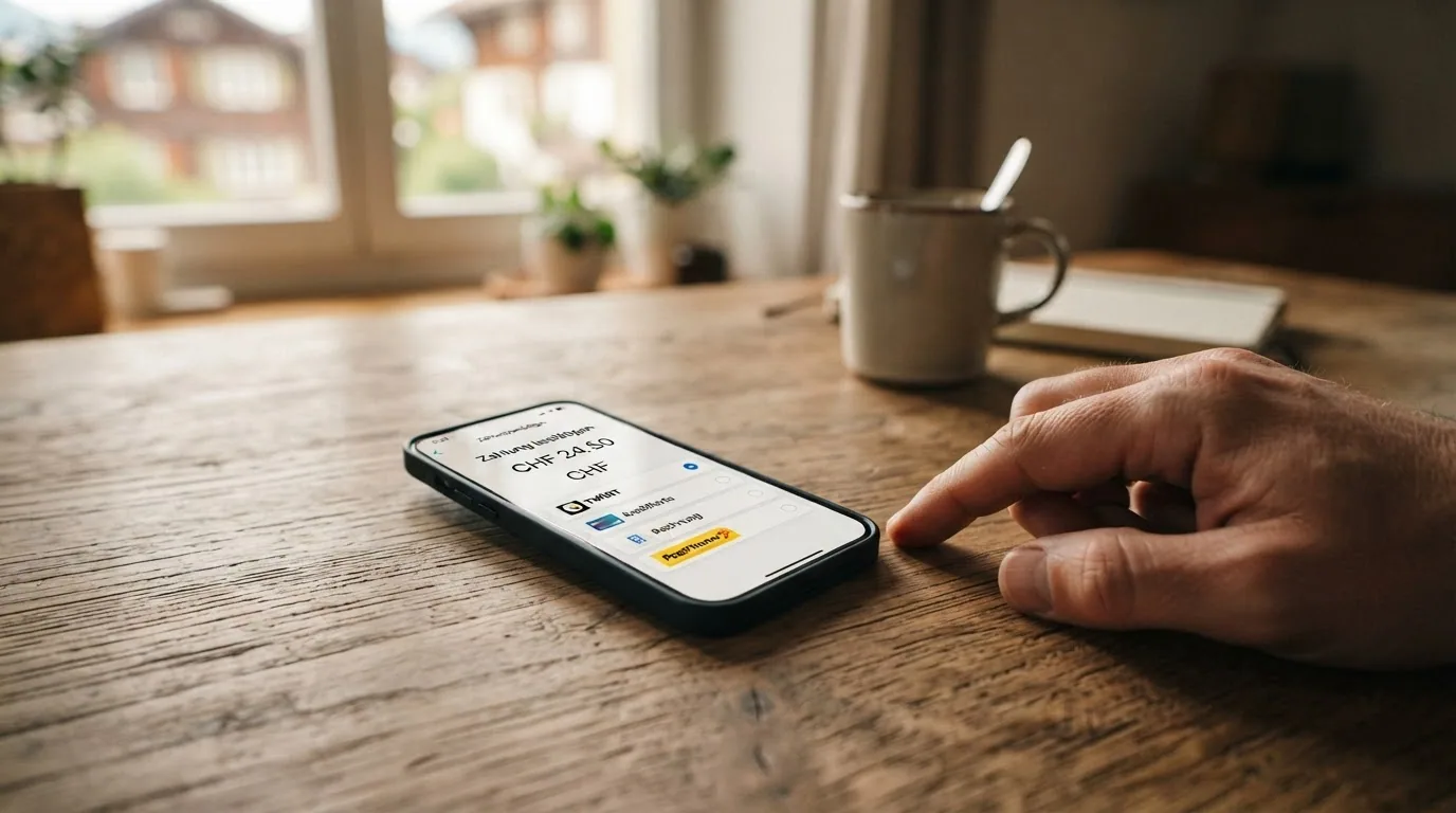 Smartphone mit geöffneter Zahlungsseite, TWINT- und PostFinance-Logos prominent, Handyrechnung-Symbol durchgestrichen