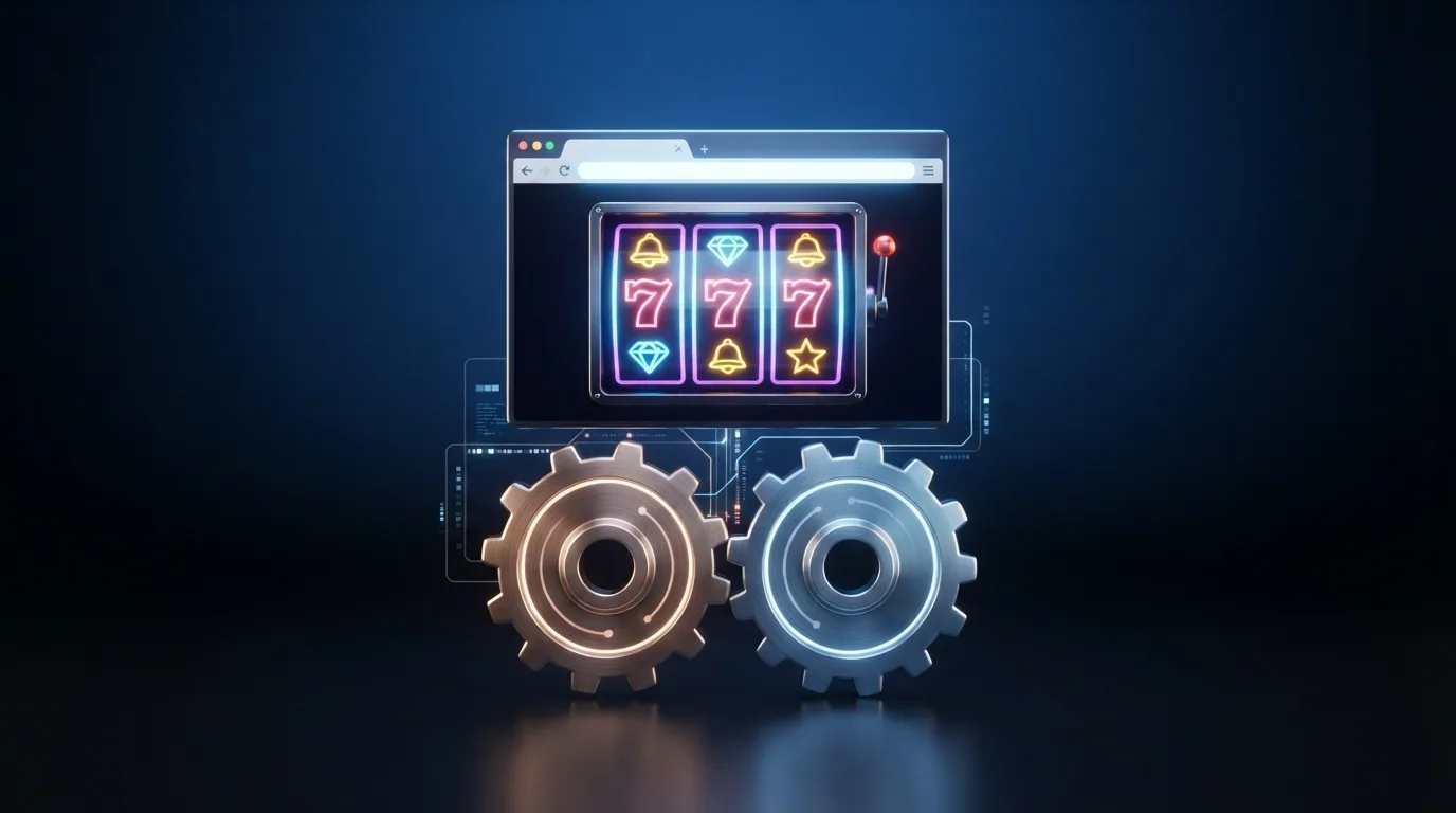 Schematische Darstellung: Browser-Fenster mit Casino-Spiel, darunter die Technologie-Schicht HTML5/WebGL als Fundament