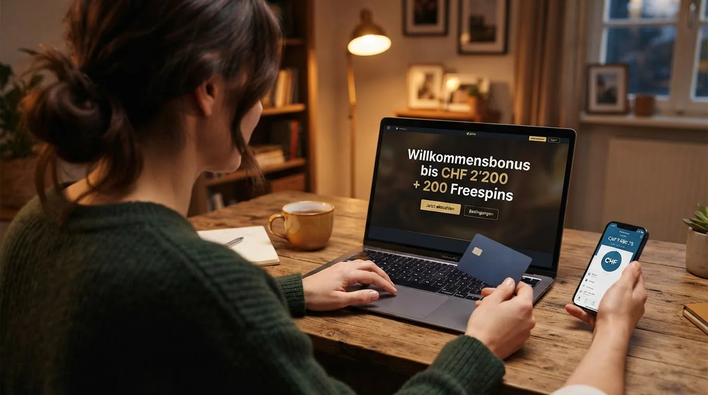 Die Willkommensbonus-Seite von Jackpots.ch mit der Anzeige «bis CHF 2'200 + 200 Freespins» auf einem Laptop-Bildschirm