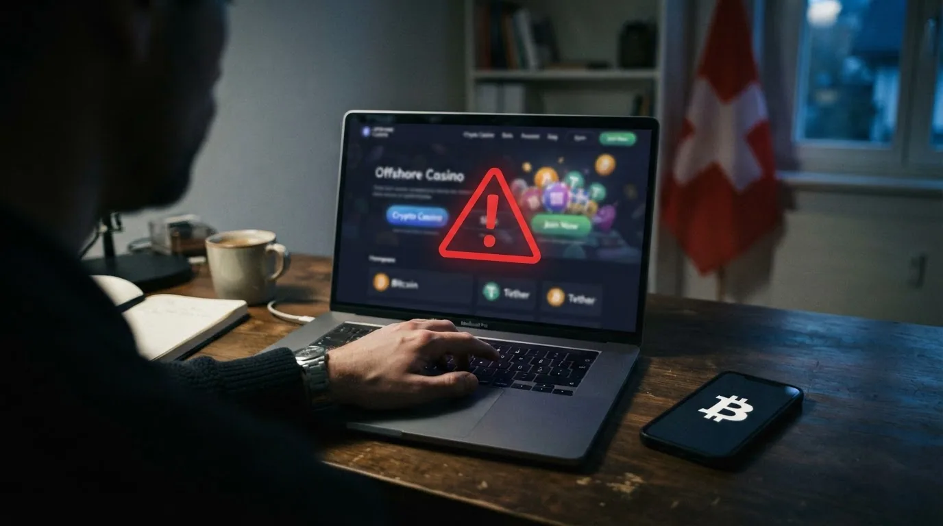 Warnhinweis-Symbol über einem Bitcoin-Logo auf einer Casino-Webseite