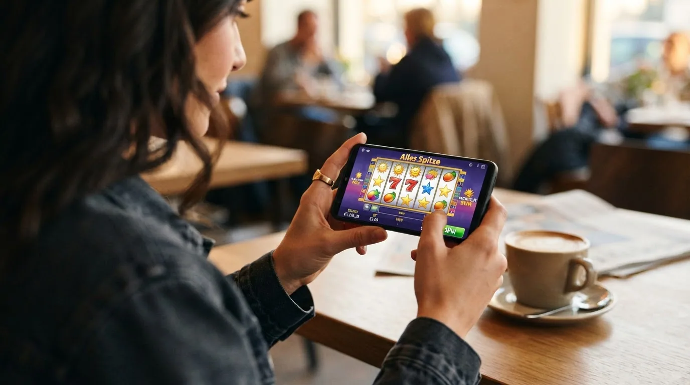 Ein Smartphone mit laufendem Merkur-Slot im Querformat, eine Hand hält das Gerät