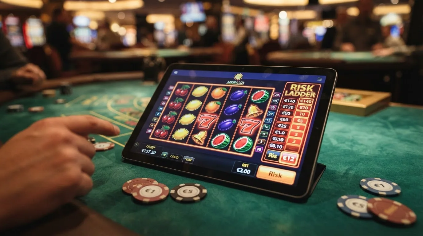 Nahaufnahme eines Merkur-Slot-Displays mit sichtbaren Walzen, Gewinnlinien und Risikoleiter
