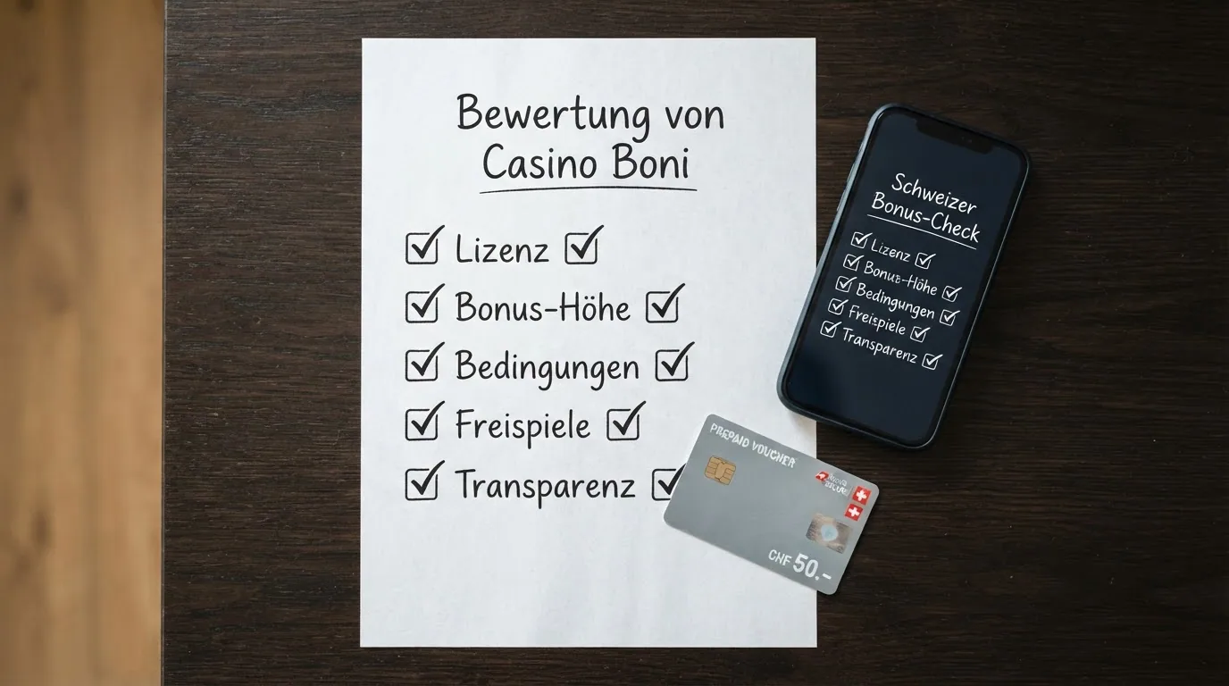 Eine Checkliste mit den fünf wichtigsten Bewertungskriterien: ESBK-Lizenz, Bonus-Höhe, Wagering, FS-Bedingungen, Transparenz