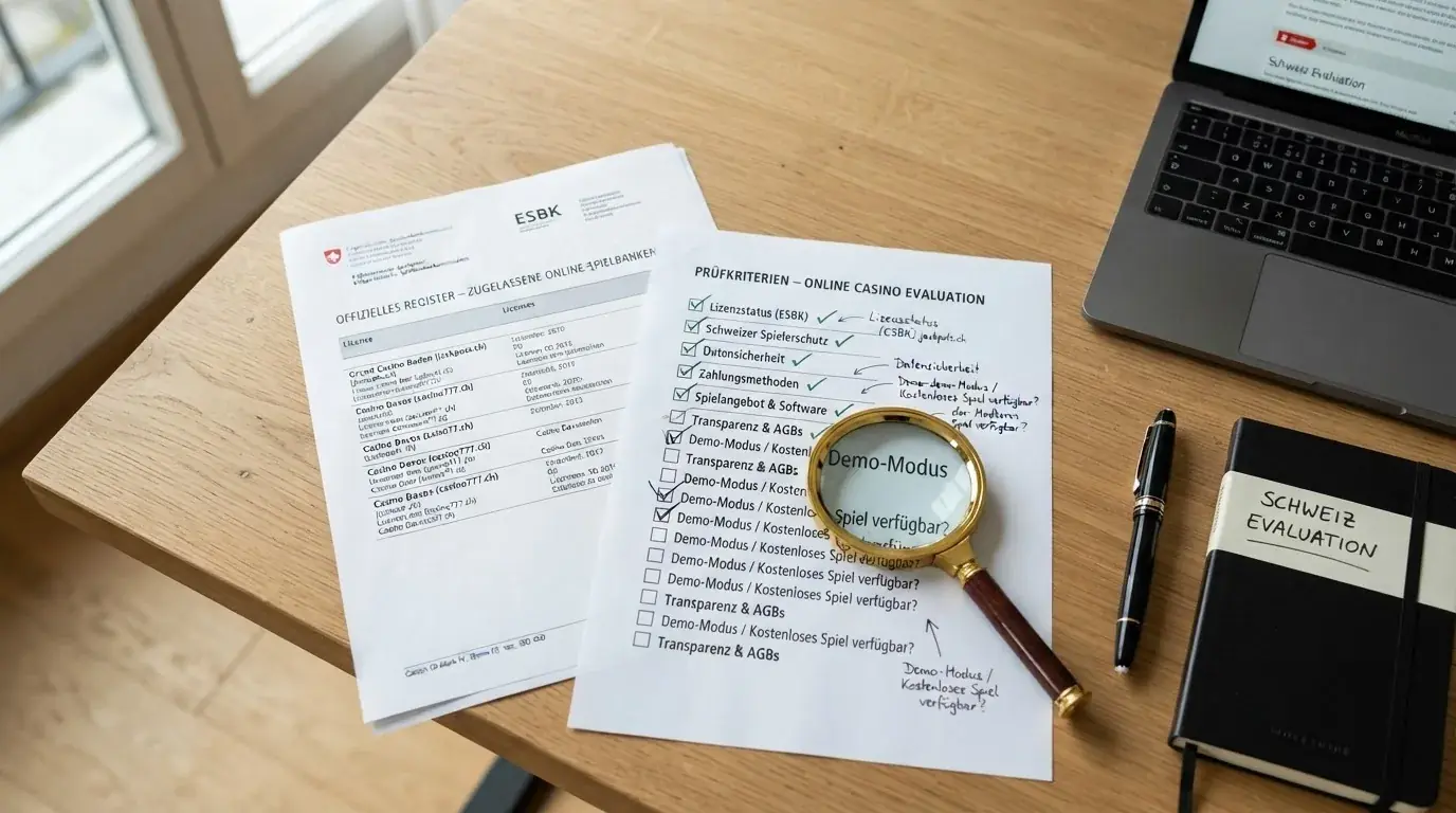 Ein Schreibtisch mit aufgeschlagenem ESBK-Register-Ausdruck, einer Checkliste mit den Prüfkriterien und einer Lupe über dem Wort «Demo-Modus»