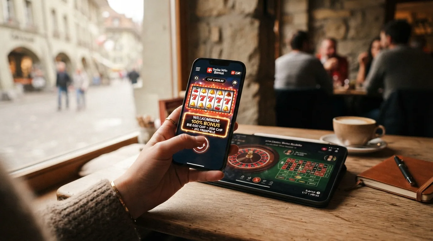 Ein Smartphone in der Hand, das eine Casino-Slot-Oberfläche zeigt, daneben ein Tablet mit geöffnetem Live-Casino