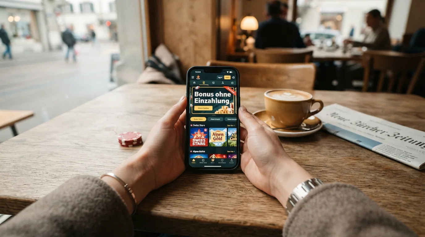 Smartphone mit geöffneter Casino-Webseite und Bonus-Banner im mobilen Layout
