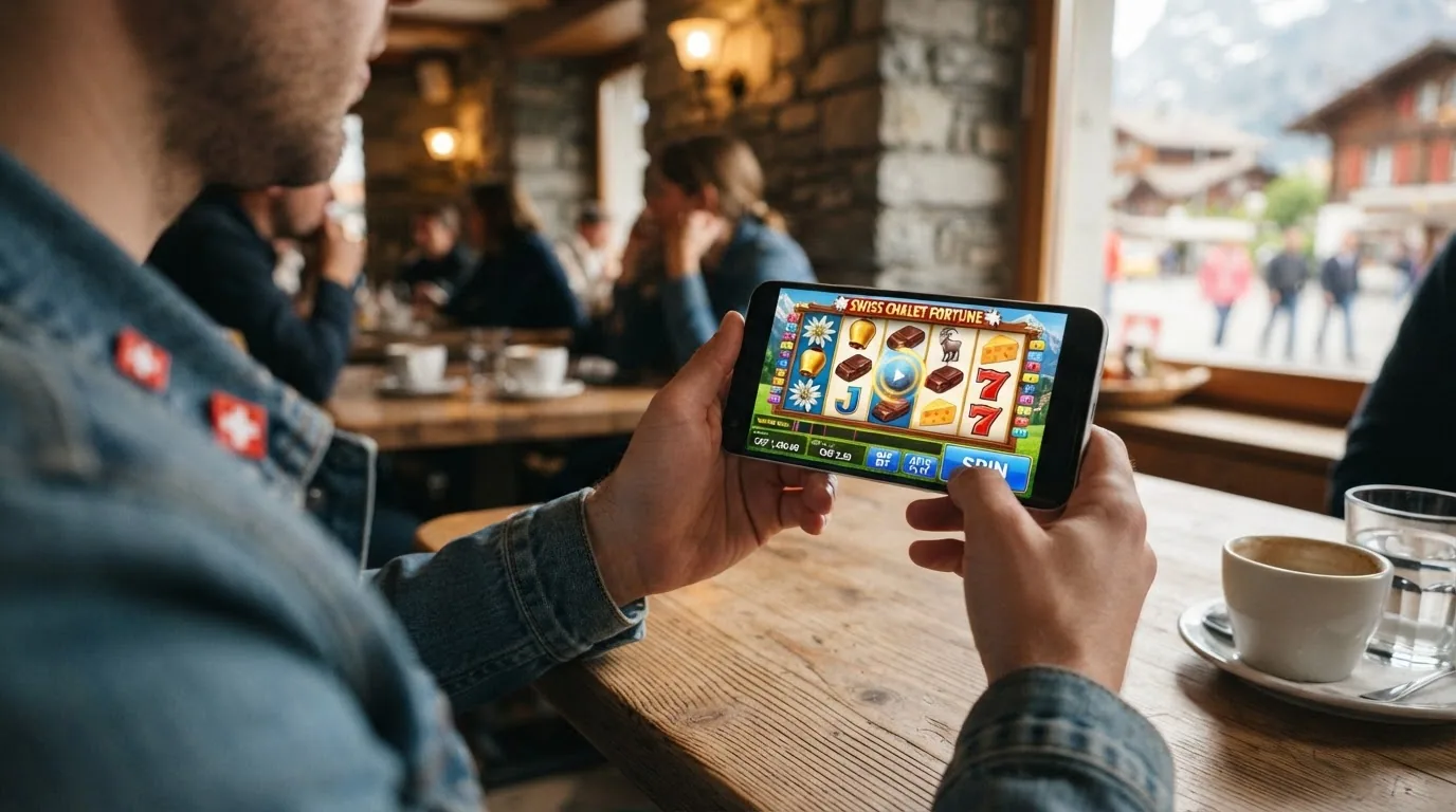 Ein Smartphone in der Hand, auf dem Display läuft ein Slot-Spiel im Querformat mit gut lesbaren Walzen und Touch-Buttons