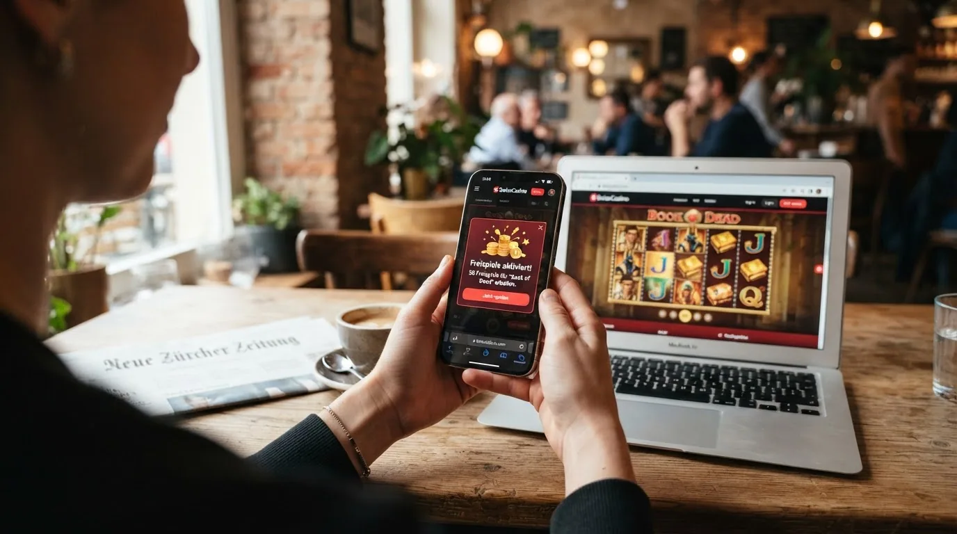 Ein iPhone mit geöffneter Casino-App, die eine Freispiel-Aktivierungsmeldung anzeigt, daneben ein Laptop mit derselben Casino-Website im Browser