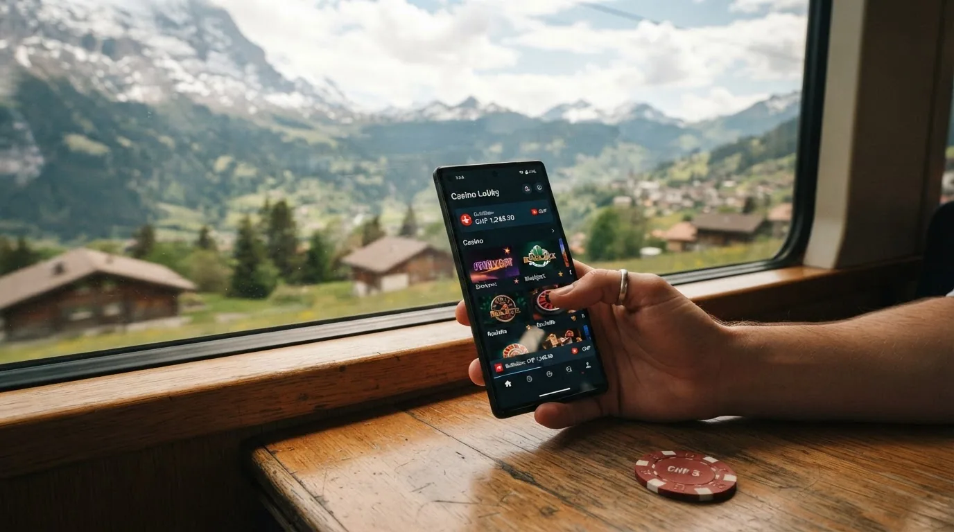 Ein Smartphone in einer Hand mit geöffneter Casino-App, im Hintergrund eine Schweizer Berglandschaft mit Zugfenster