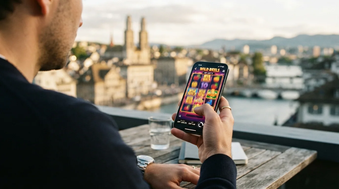 Eine Hand hält ein Smartphone im Querformat, auf dem Bildschirm läuft ein Casino-Slot, im Hintergrund verschwommen eine Schweizer Stadtkulisse.