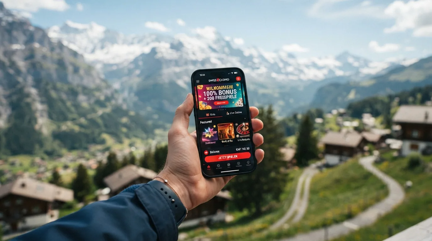 Ein Smartphone in einer Hand zeigt eine Casino-Willkommensseite mit Bonus-Banner, im Hintergrund eine Schweizer Bergkulisse