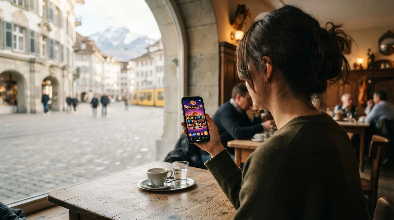 Smartphone mit geöffnetem Casino-Spiel im Browser, daneben ein 40-Franken-Guthaben als Einblendung