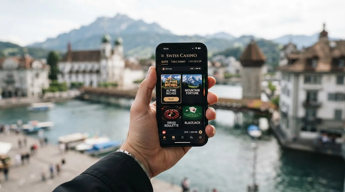 Smartphone mit Casino-Web-App, im Hintergrund eine Schweizer Stadtansicht