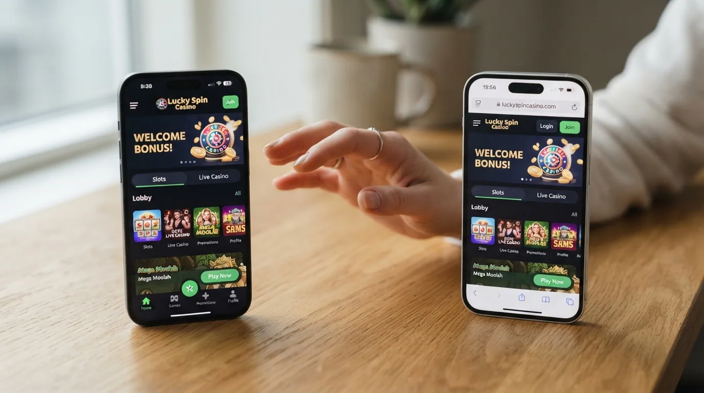 Smartphone mit Casino-App und dasselbe Casino im mobilen Browser nebeneinander