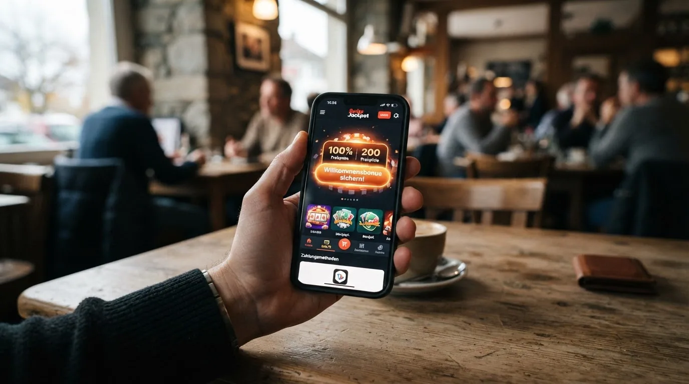 Ein Smartphone in der Hand eines Spielers das eine geöffnete Casino-App mit hervorgehobenem «Willkommensbonus»-Button und darunter dem TWINT-Logo zeigt.