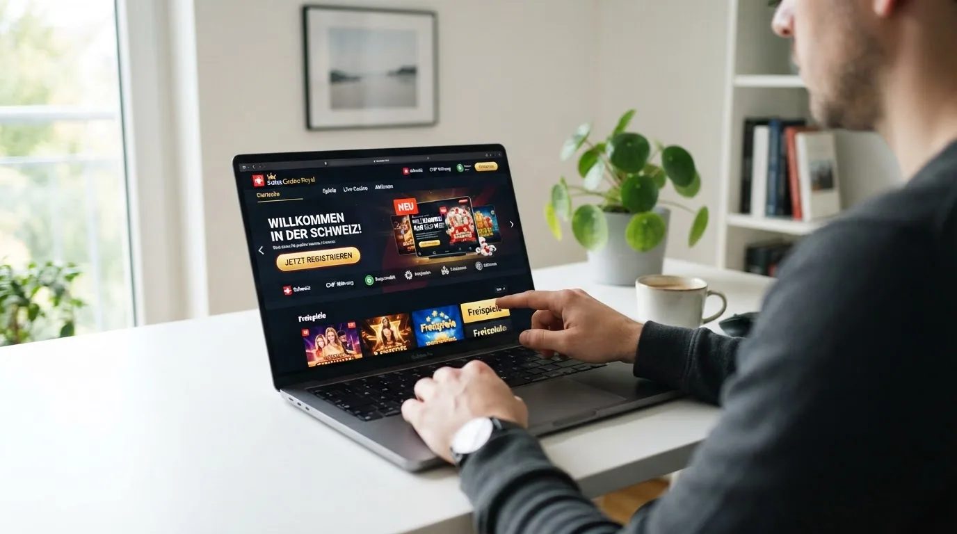 Ein modernes Casino-Interface mit einem «Neu»-Badge und dem ESBK-Logo in der Fusszeile, auf einem Laptop-Bildschirm