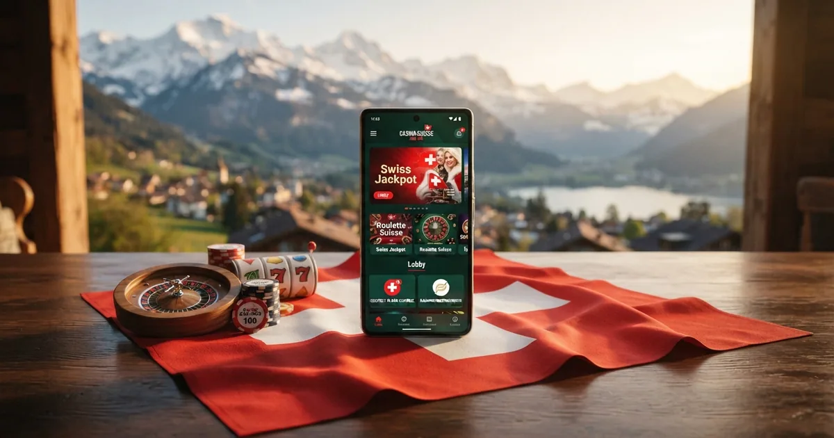 Eine Collage aus Schweizer Casino-Logos vor der Schweizer Flagge oder Alpenkulisse, mit einem Smartphone im Vordergrund, das eine Casino-Lobby zeigt.