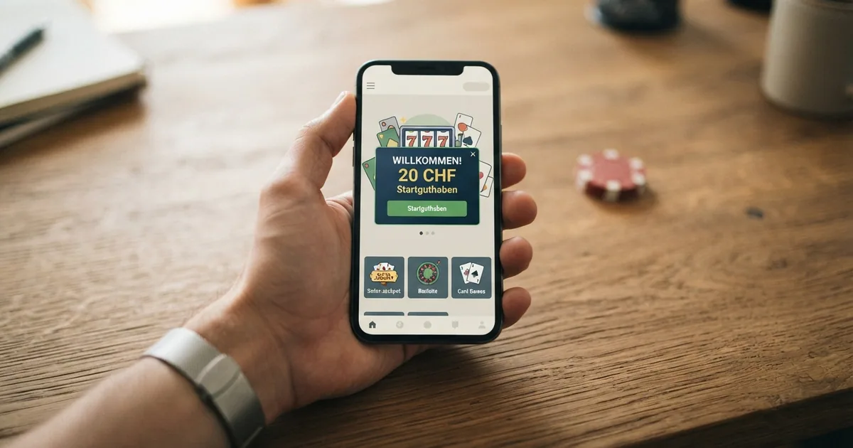 Ein geöffnetes Smartphone mit der Startseite eines Schweizer Online-Casinos und der Einblendung «20 CHF Startguthaben»