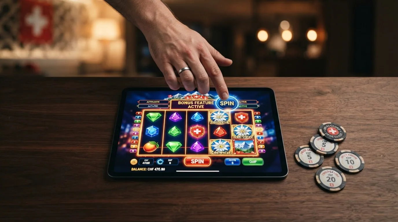 Spielautomat mit sichtbarem RTP-Wert und Freispiel-Feature in einem Schweizer Online-Casino