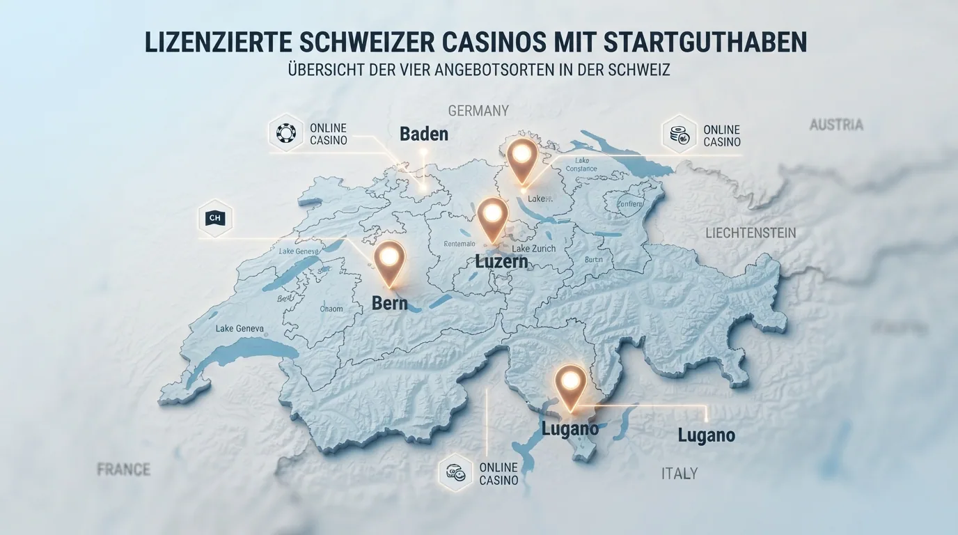 Eine Übersichtskarte der Schweiz mit den Standorten der vier Spielbanken die No-Deposit-Angebote führen: Baden Luzern Lugano und Bern.