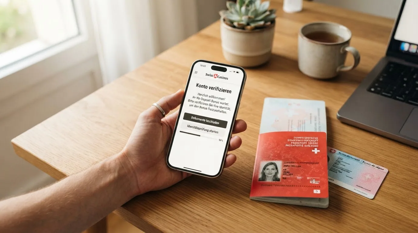 Ein Smartphone-Bildschirm mit dem Hinweis «Konto verifizieren», daneben ein ausgefülltes Registrierungsformular mit Wohnsitz Schweiz