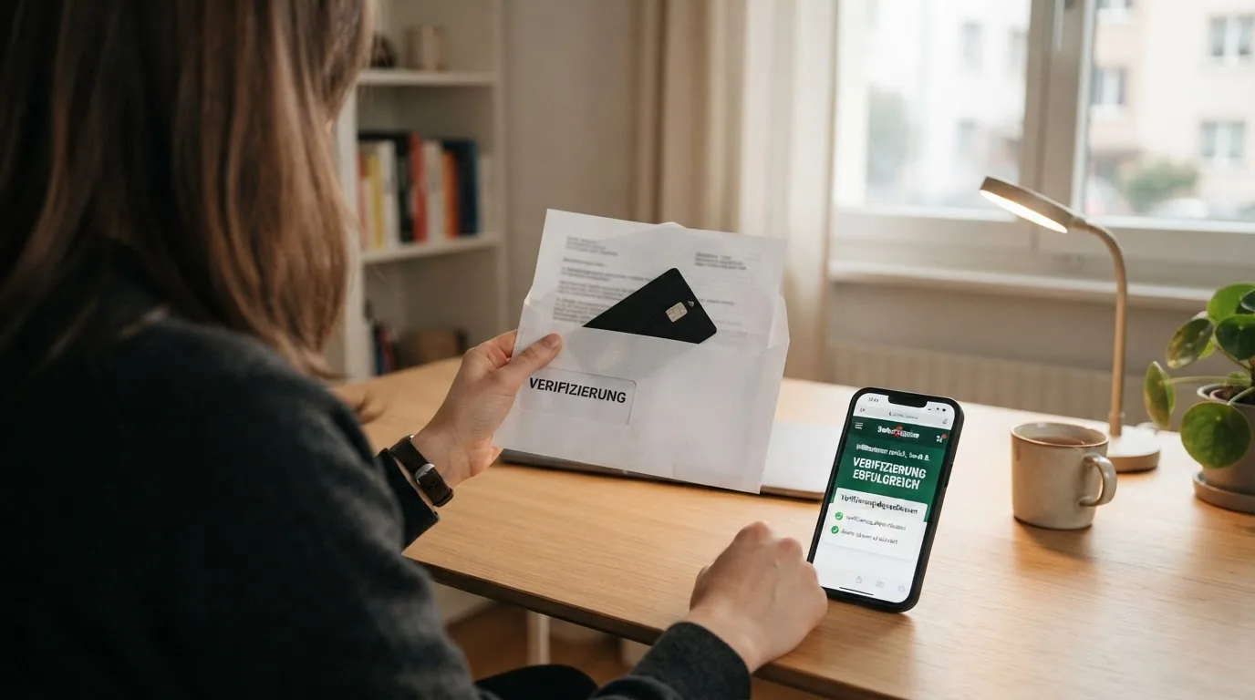 Ein aufgeschnittener Briefumschlag mit dem Wort «Verifizierung» darauf, daneben ein Smartphone mit einer Casino-Registrierungsseite