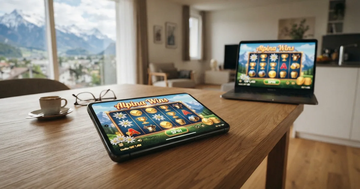 Laptop und Smartphone zeigen dasselbe Casino-Spiel im Browser-Fenster, Schweizer Umgebung im Hintergrund angedeutet