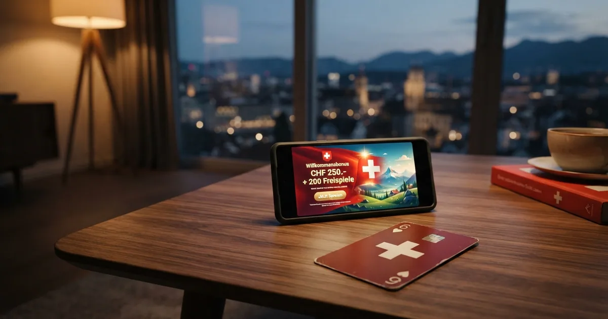 Ein Schweizer Online-Casino-Gutschein als digitales Banner auf einem Smartphone-Bildschirm, daneben eine Spielkarte mit dem Schweizer Kreuz