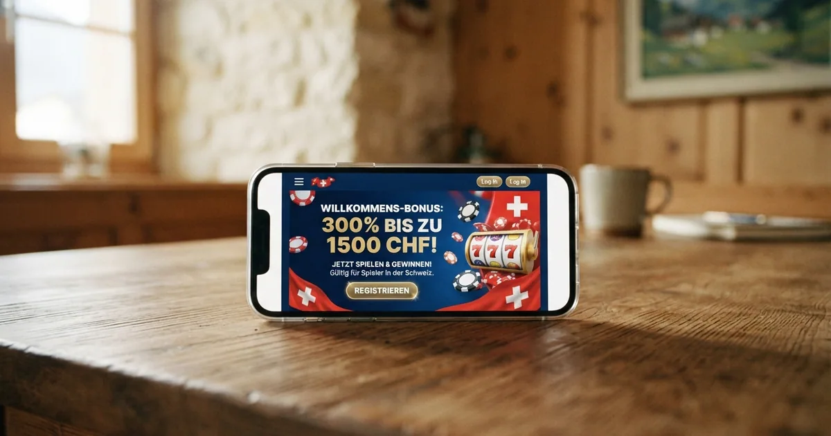 Schweizer Online-Casino auf einem Smartphone-Bildschirm mit Bonus-Anzeige in Schweizer Franken, vor neutralem Hintergrund