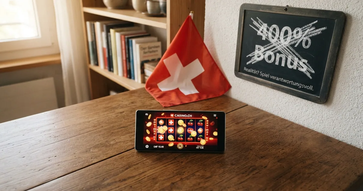 Ein Smartphone mit geöffneter Casino-App, im Hintergrund eine Schweizer Flagge und das Wort «400% Bonus» durchgestrichen
