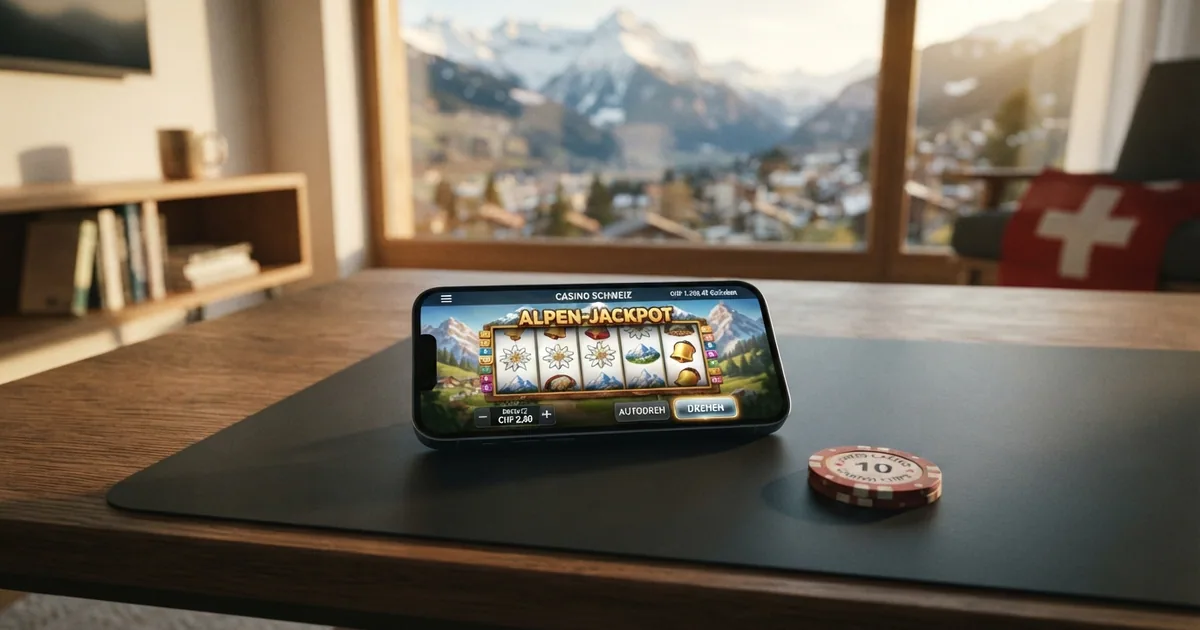 Schweizer Flagge und Online-Casino-Oberfläche auf einem Bildschirm, daneben eine durchgestrichene «600%»-Werbegrafik