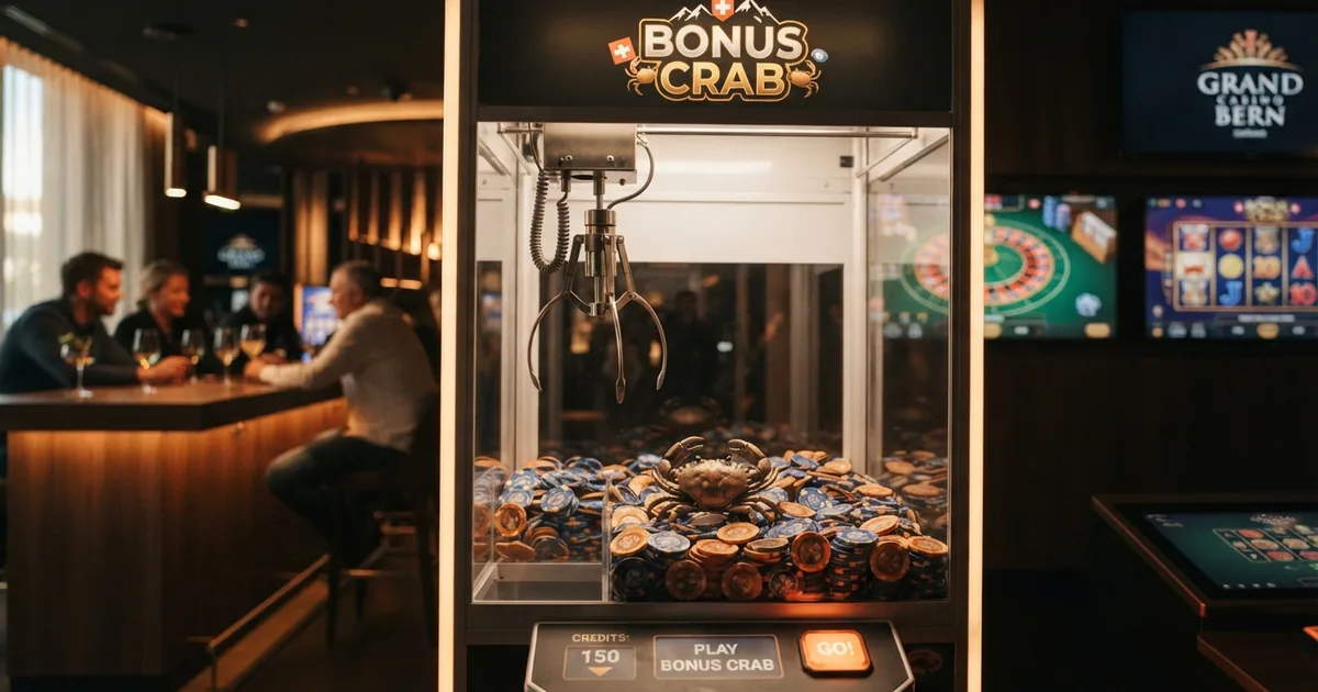 Virtuelle Greifmaschine mit geöffneter Krabbe über einem Meer aus Casino-Chips, blau-orange Farbgebung