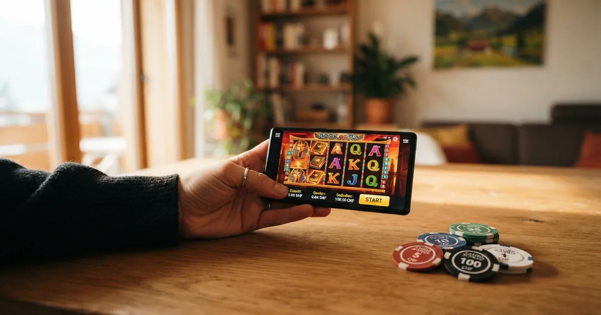 Ein Stapel Schweizer Franken-Münzen neben einem Smartphone mit geöffneter Casino-App und eingeblendetem Bonusbetrag der durch eine durchgestrichene zweite Zahl relativiert wird.