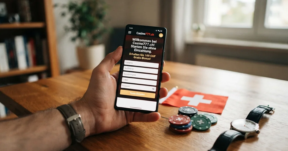 Eine Schweizer Flagge vor einer Uhr und einem Spielchips-Stapel, daneben ein Smartphone mit geöffnetem Casino-Anmeldeformular