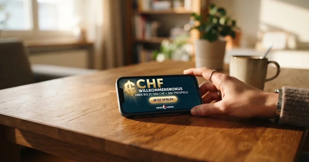 Eine geöffnete Wallet-App auf einem Smartphone-Bildschirm neben einem Casino-Willkommensbonus-Banner mit Schweizer Franken-Symbol, auf einem Holztisch
