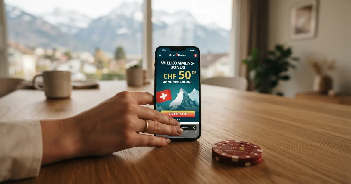 Eine Übersicht mit Schweizer Franken-Noten, einem Smartphone mit Casino-App und einem «Willkommensbonus»-Button auf dem Bildschirm