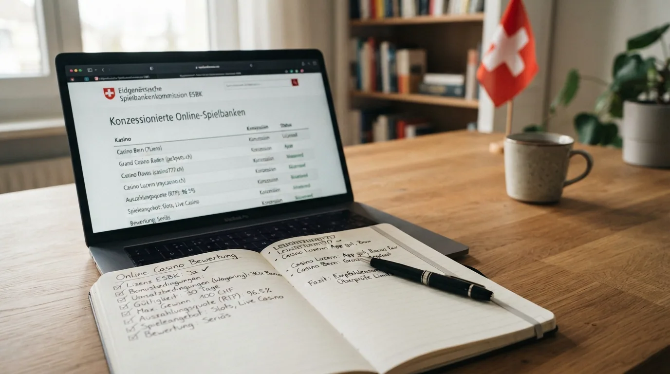 Ein aufgeschlagener Laptop mit der ESBK-Liste der konzessionierten Online-Spielbanken auf dem Bildschirm daneben handschriftliche Notizen zu Bonusbedingungen und ein Kugelschreiber.