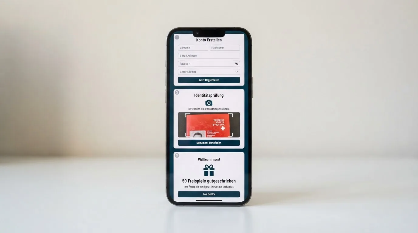 Drei aufeinander gestapelte Smartphone-Screenshots: Registrierungsformular, Ausweis-Upload-Bildschirm, Bestätigung «50 Freispiele gutgeschrieben»
