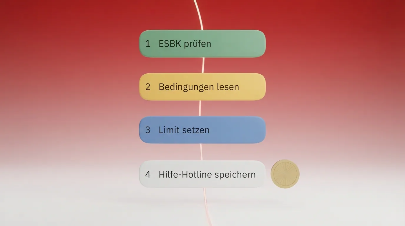 Eine minimalistische Checklisten-Grafik mit den vier nächsten Schritten: ESBK prüfen, Bedingungen lesen, Limit setzen, Hilfe-Hotline speichern