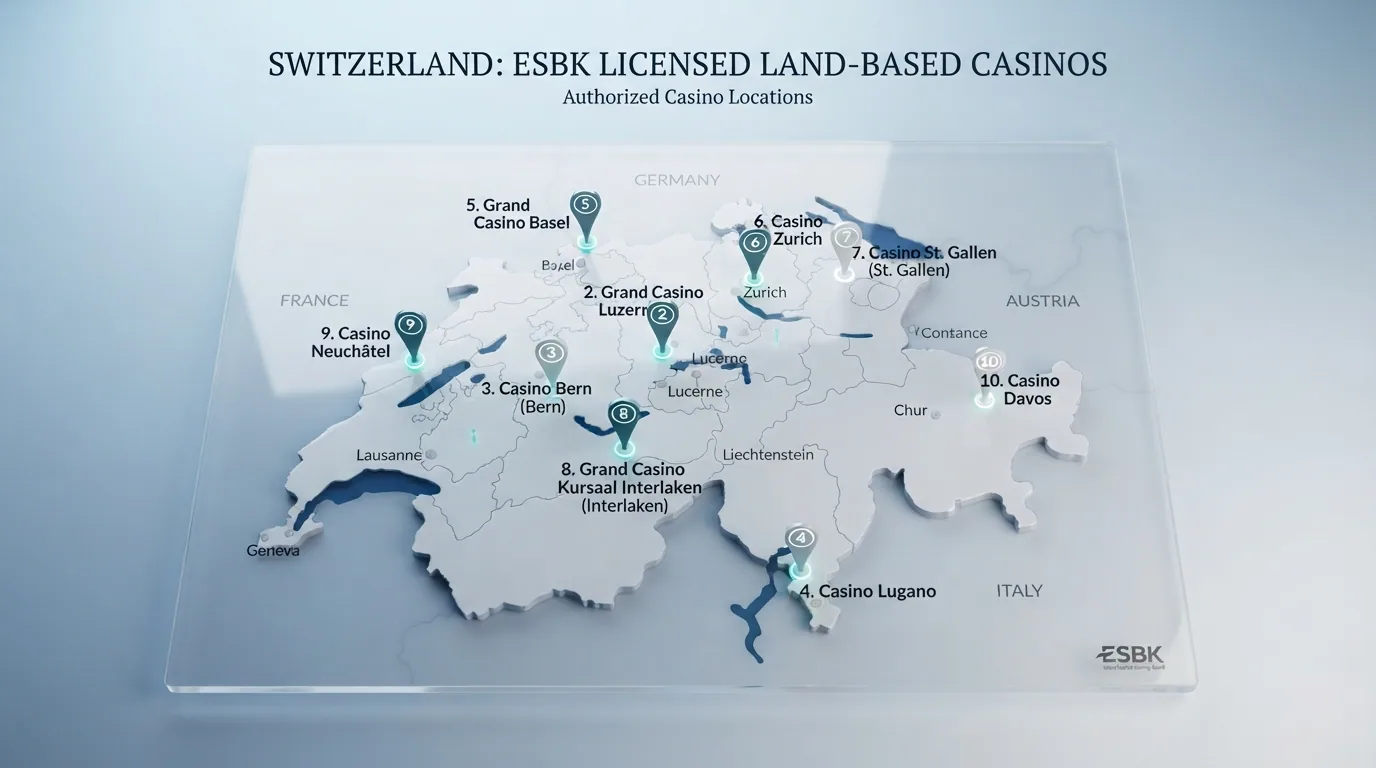 Eine stilisierte Schweizer Karte mit zehn farbigen Pins für die Standorte der landbasierten Mutter-Casinos – jeder Pin mit dem Online-Markennamen daneben