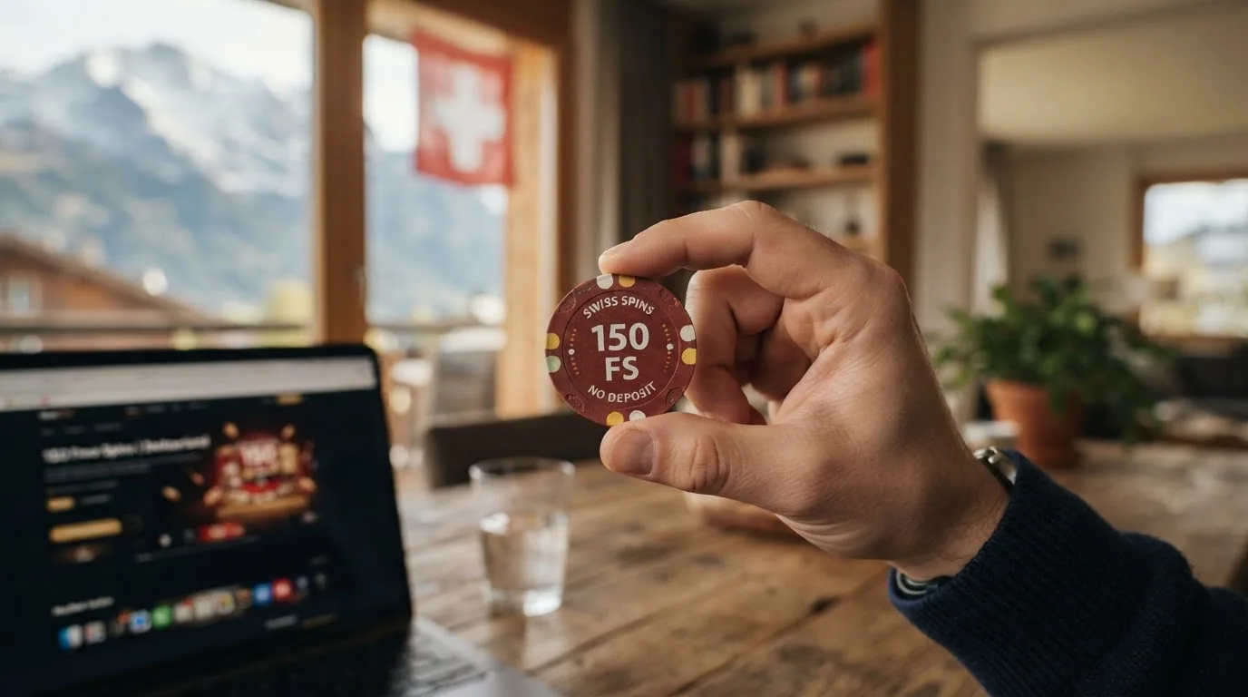 Eine Hand, die einen Spielchip mit der Aufschrift «150 FS» hält, vor einem neutralen Hintergrund