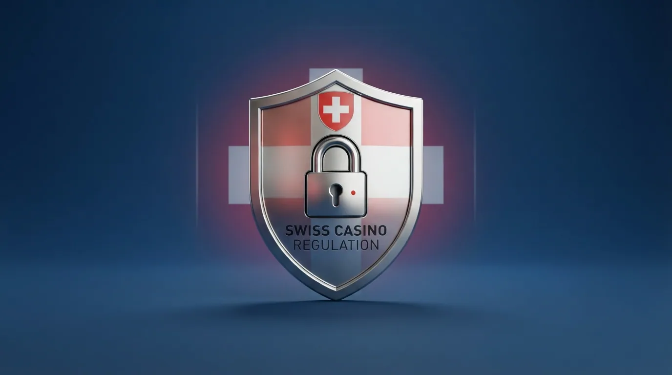 Das Schweizer Wappen oder ein offizielles ESBK-Dokument, dazu ein Schloss-Symbol auf einem Casino-Bildschirm