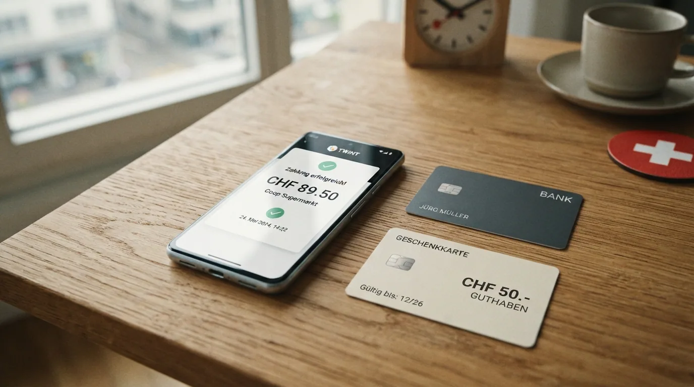 Schweizer Smartphone mit TWINT-App und PostFinance-Logo neben Kreditkarte und Paysafecard-Symbol mit Fragezeichen